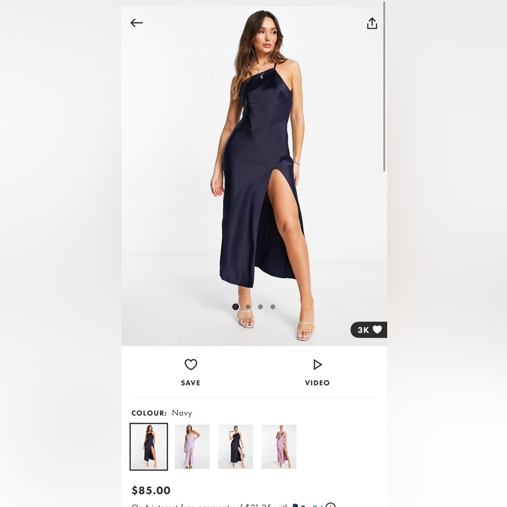 ASOS Design one shoulder midaxi dress in satin with drape back in navy